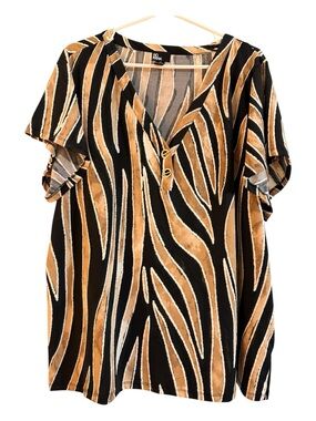 Women's Black and Tan V-Neck Short Sleeve Top